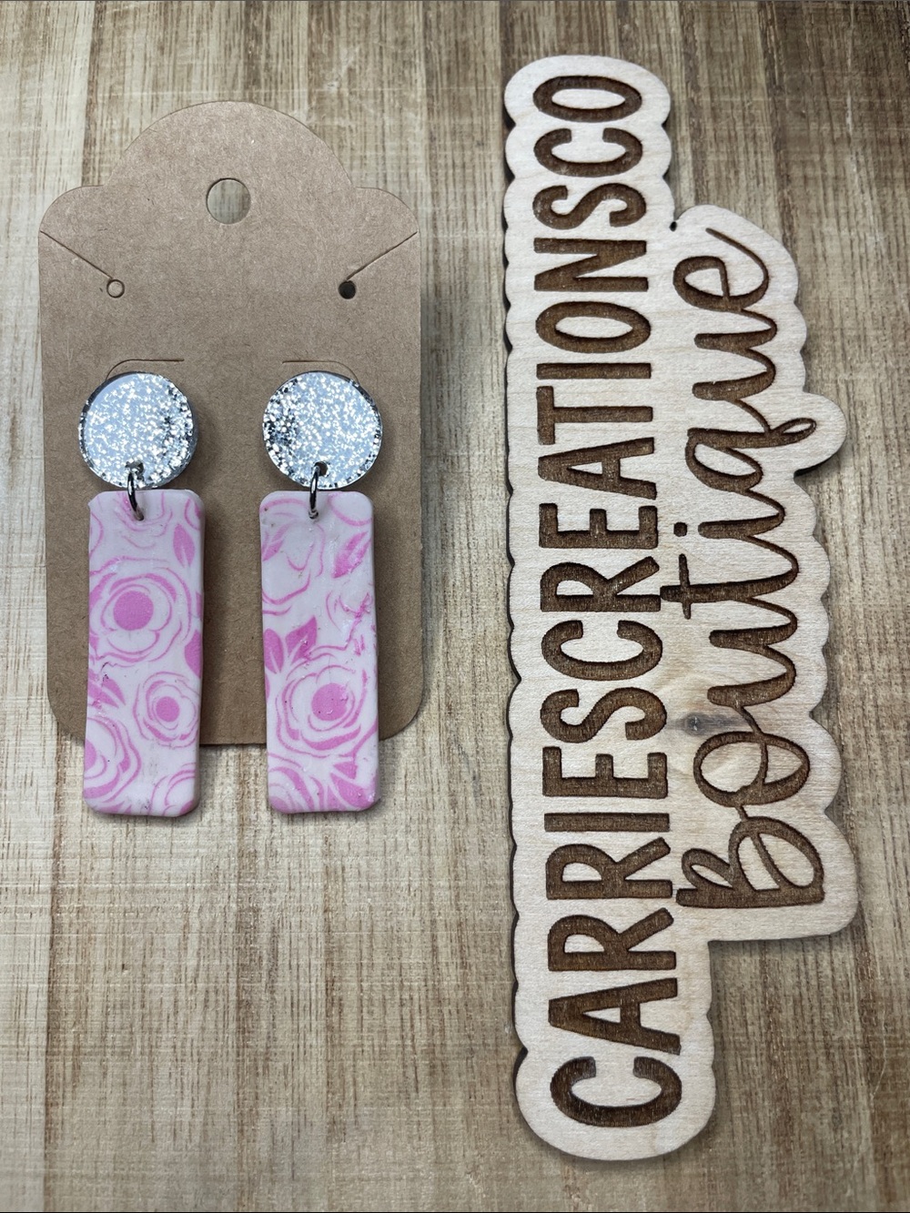 Pink Floral Dangle Earrings with Silver Glitter Studs